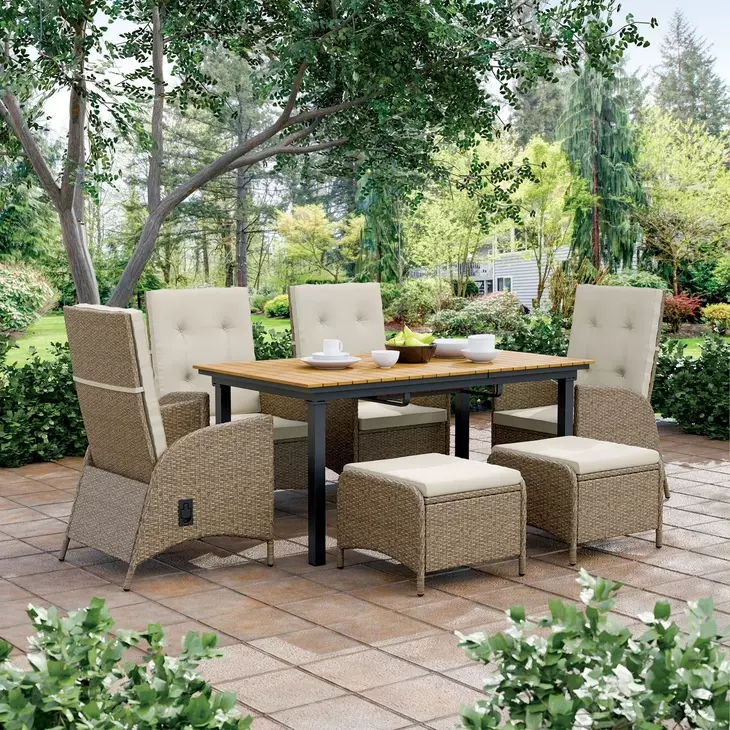 Mackay Beige and Natural Teak 2 Reclining Chairs with 2 Ottomans