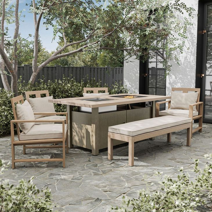 Bordeaux Brown Rectangular Outdoor Dining Room Set with Fire Pit and Cooler
