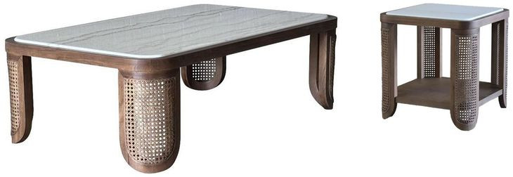 Artifacts Natural Walnut and Gray Rectangular Marble Top Albers Occassional Table Set