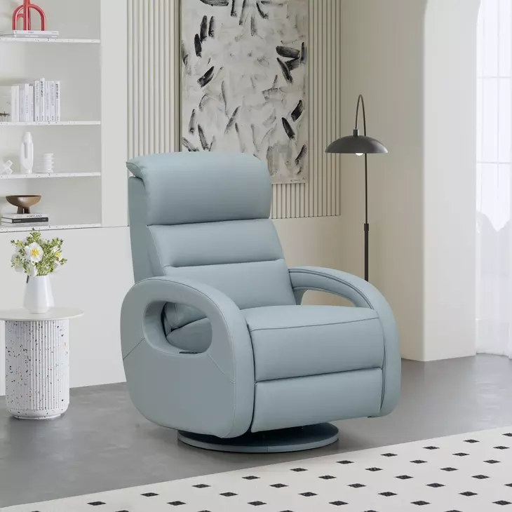 Gunter Troy Robin Blue Leather Swivel Glider Power Recliner with Power Lumbar and USB Charging