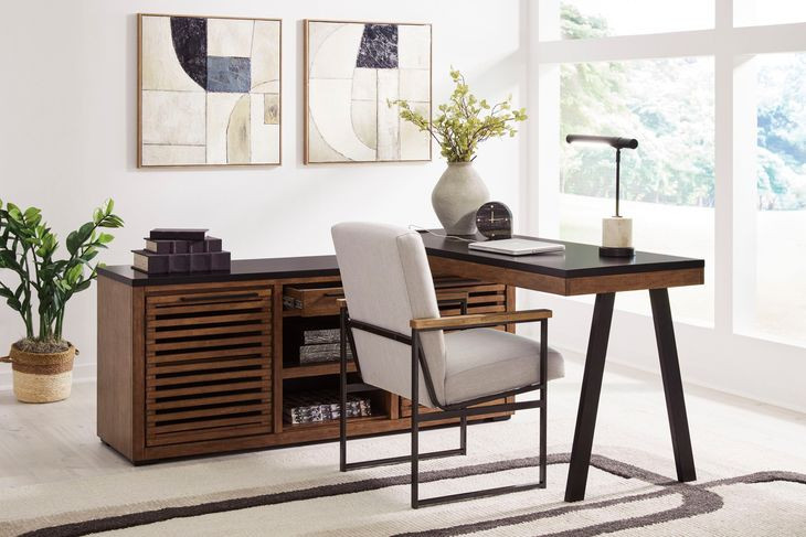 Kallari Warm Brown and Black Credenza with Desk Return