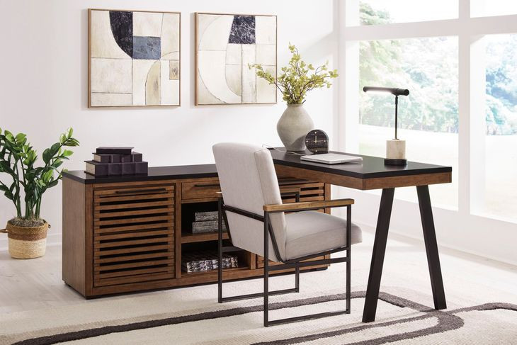 Kallari Warm Brown and Black Credenza with Desk Return