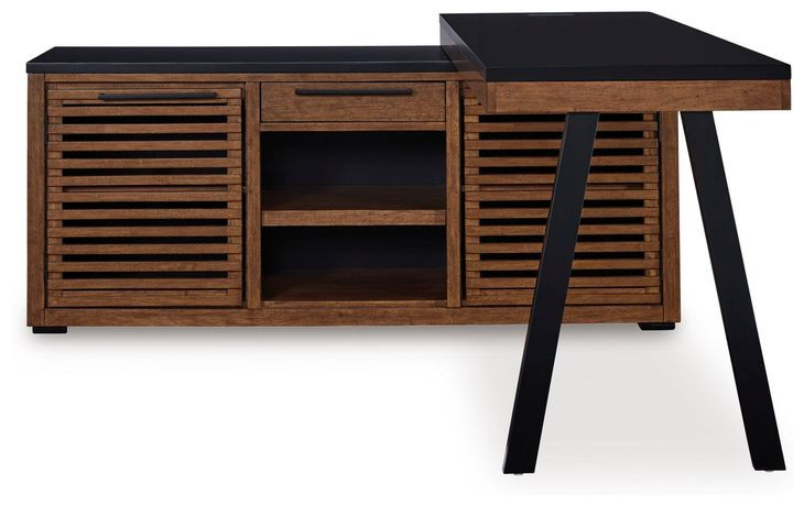 Kallari Warm Brown and Black Credenza with Desk Return