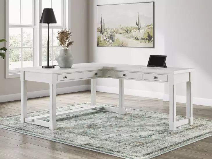 Robbinsdale Antique White L Shaped Home Office Desk with USB Charging
