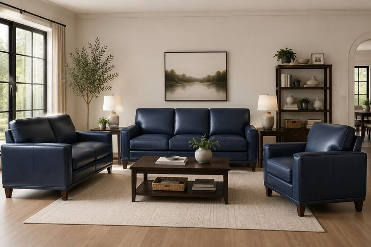 Halwyn Navy Leather Living Room Set