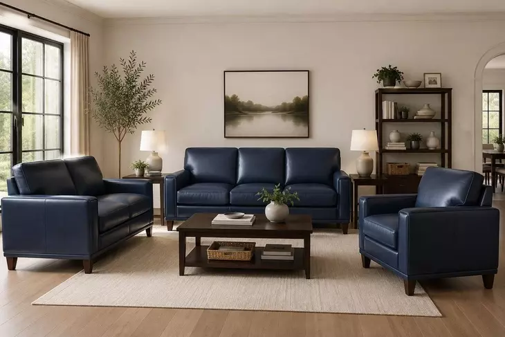 Halwyn Navy Leather Living Room Set