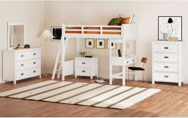 Brooklyn White Twin Storage Loft Bed with Ladder and Integrated Speaker Desk