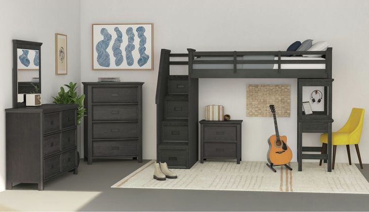 Brooklyn Charcoal Twin Storage Loft Bed with Staircase and Integrated Speaker Desk
