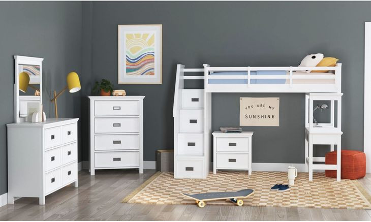 Brooklyn White Twin Storage Loft Bed with Staircase and Integrated Speaker Desk