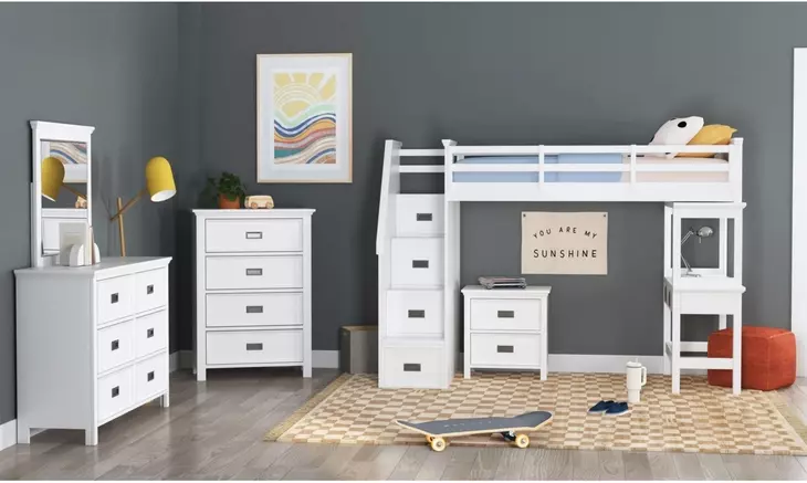 Brooklyn White Twin Storage Loft Bed with Staircase and Integrated Speaker Desk