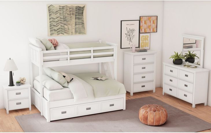 Brooklyn White Twin Over Full Storage Bunk Bed with Ladder and Trundle