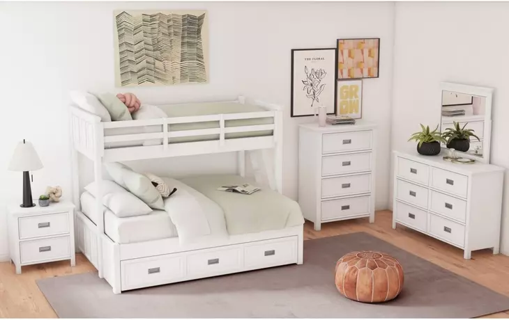 Brooklyn White Twin Over Full Storage Bunk Bed with Ladder and Trundle