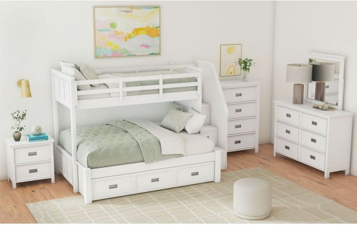 Brooklyn White Twin Over Full Storage Bunk Bed with Staircase and Trundle