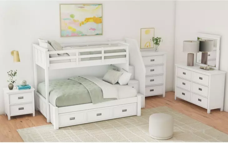 Brooklyn White Twin Over Full Storage Bunk Bed with Staircase and Trundle
