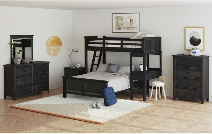 Brooklyn Charcoal Twin Over Full Storage Loft Bed with Ladder and Integrated Speaker Desk