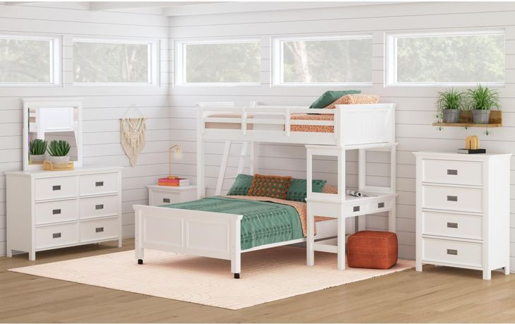 Brooklyn White Twin Over Full Storage Loft Bed with Ladder and Integrated Speaker Desk