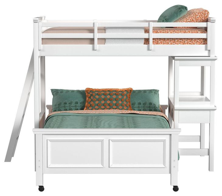 Brooklyn White Twin Over Full Storage Loft Bed with Ladder and Integrated Speaker Desk