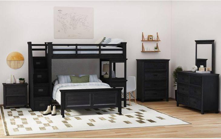Brooklyn Charcoal Twin Over Full Storage Loft Bed with Staircase and Integrated Speaker Desk