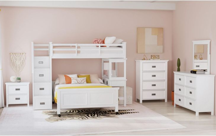 Brooklyn White Twin Over Full Storage Loft Bed with Staircase and Integrated Speaker Desk