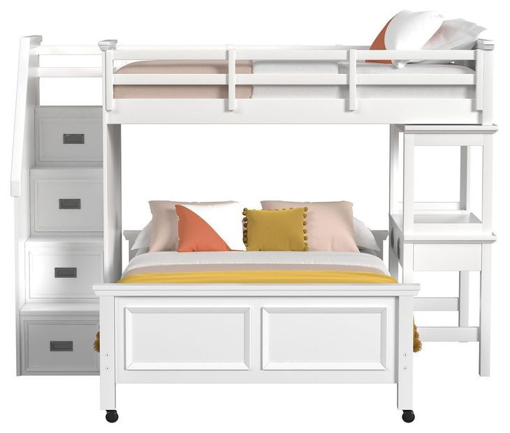 Brooklyn White Twin Over Full Storage Loft Bed with Staircase and Integrated Speaker Desk