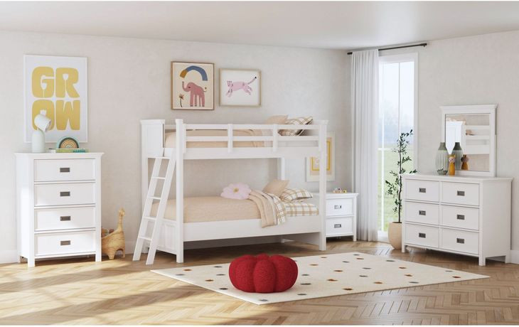 Brooklyn White Twin Over Twin Bunk Bed with Ladder