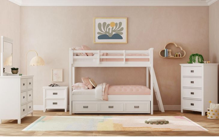 Brooklyn White Twin Over Twin Bunk Bed with Ladder and Trundle