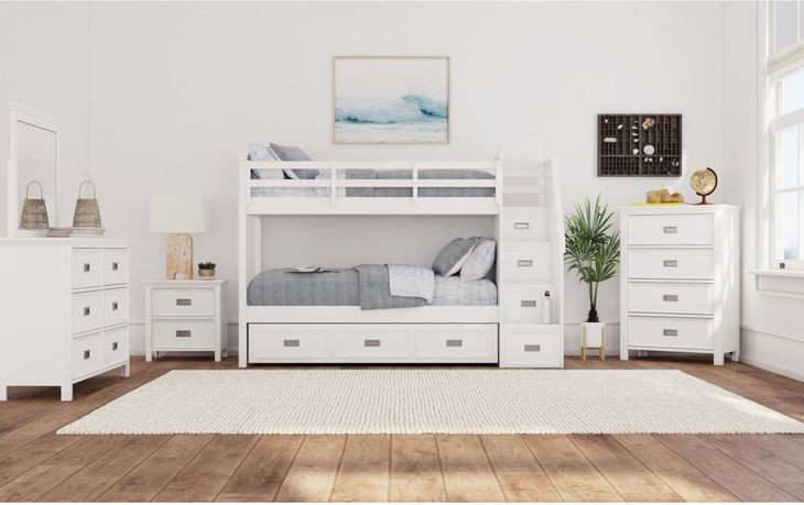 Brooklyn White Twin Over Twin Storage Bunk Bed with Staircase and Trundle