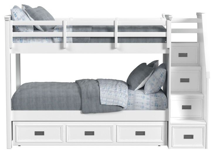 Brooklyn White Twin Over Twin Storage Bunk Bed with Staircase and Trundle