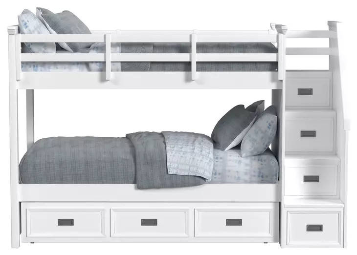 Brooklyn White Twin Over Twin Storage Bunk Bed with Staircase and Trundle