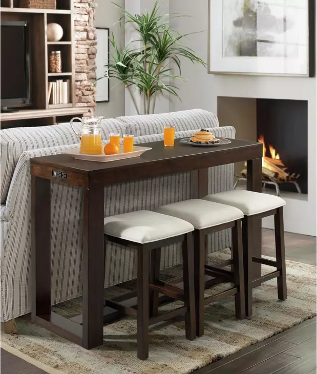 Drew Dark Taupe and Dark Walnut Upholstered 4 Piece Bar Table Set with USB Charging