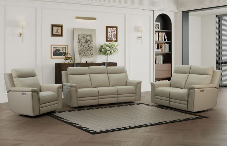 Harper Berlin Taupe Leather 85" Power Reclining Sofa with Power Lumbar and USB Charging
