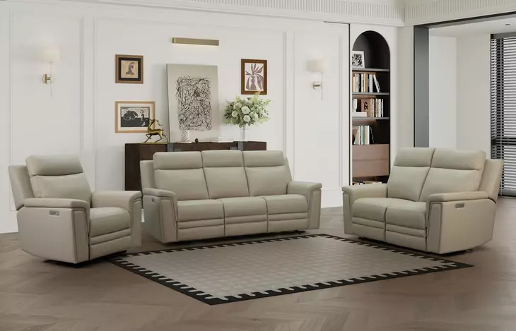 Harper Berlin Taupe Leather Power Reclining Living Room Set with Power Lumbar and USB Charging