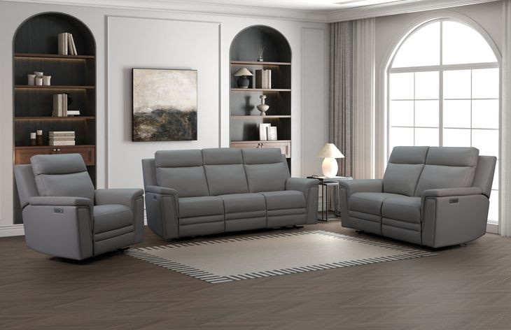 Harper Berlin Cement Leather Power Reclining Living Room Set with Power Lumbar and USB Charging