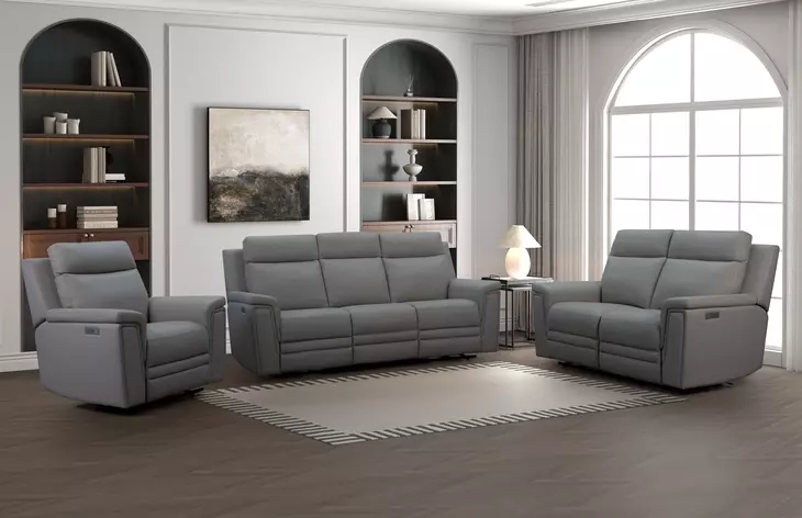 Harper Berlin Cement Leather Power Reclining Living Room Set with Power Lumbar and USB Charging