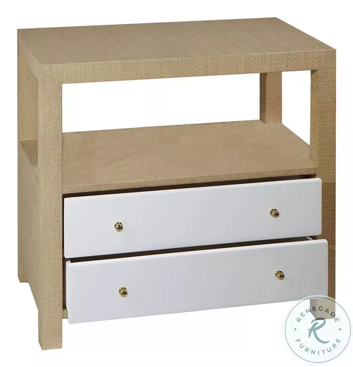 Hattie Natural Grasscloth And Matte White Lacquer 2 Drawer Side Table