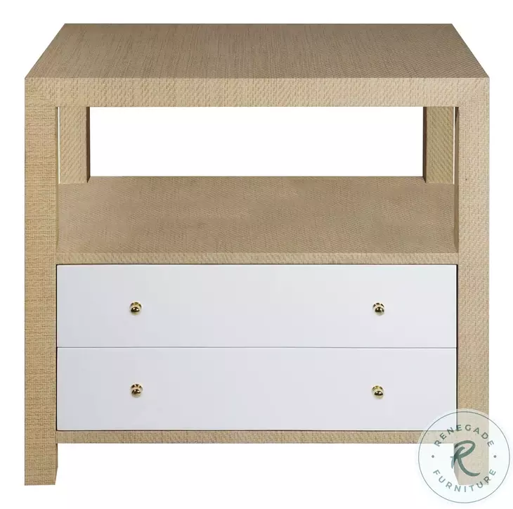 Hattie Natural Grasscloth And Matte White Lacquer 2 Drawer Side Table