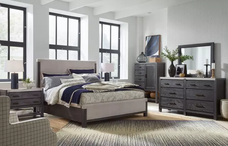 Plum Creek Ravenwood Black and Elite Dove Queen Upholstered Panel Bed