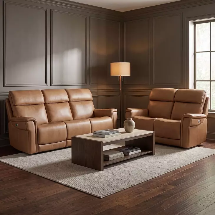 Celeste Sahara Sandalwood Leather Zero Gravity Power Reclining Living Room Set With Power Headrest