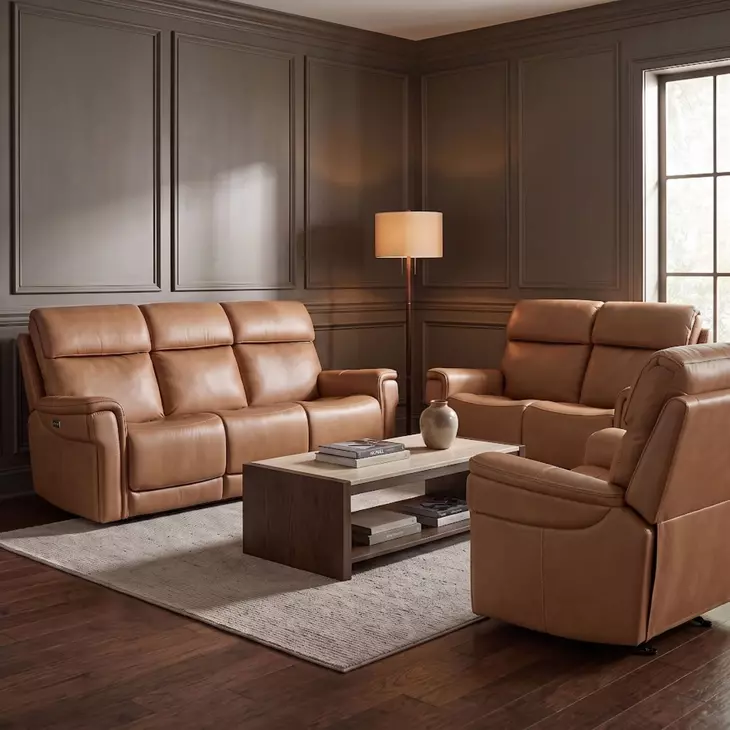 Celeste Sahara Sandalwood Leather Zero Gravity Power Reclining Living Room Set With Power Headrest