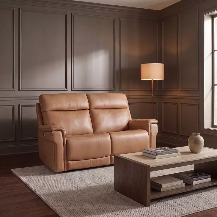 Celeste Sahara Sandalwood Leather Zero Gravity Power Reclining 66" Loveseat With Power Headrest