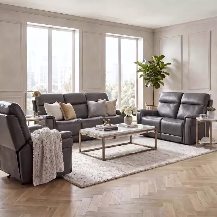 Celeste Sahara Dorian Gray Leather Zero Gravity Power Reclining Living Room Set With Power Headrest