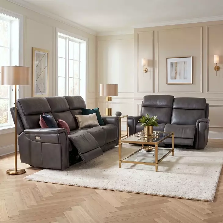 Celeste Sahara Dorian Gray Leather Zero Gravity 90" Power Reclining Sofa With Power Headrest