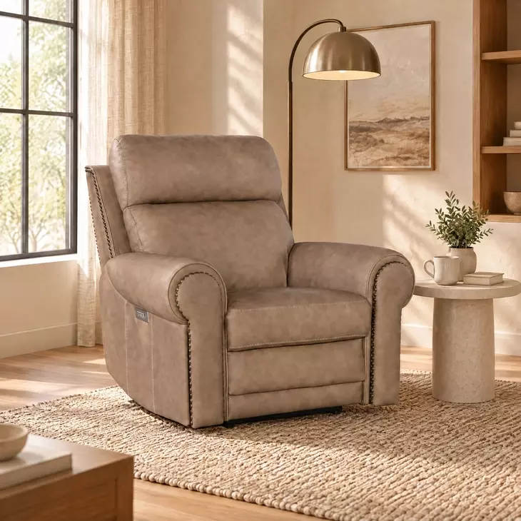 Duncan Light Brown Leather Power Recliner with Power Headrest And Lumbar