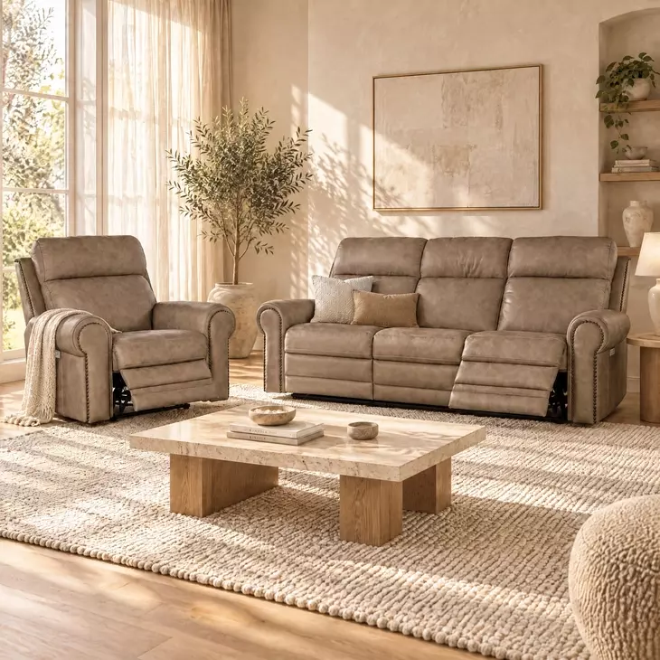 Duncan Light Brown Leather 91" Power Reclining Sofa with Power Headrest And Lumbar