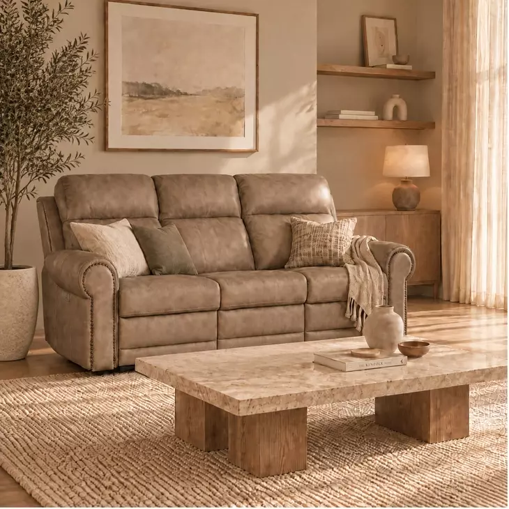 Duncan Light Brown Leather 91" Power Reclining Sofa with Power Headrest And Lumbar