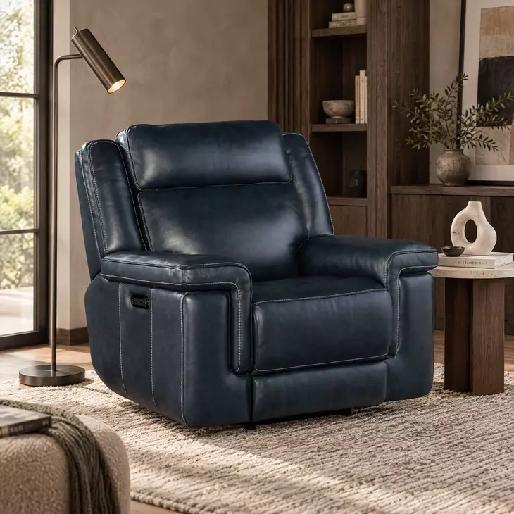 Arthur Cosmos Cobalt Leather Lay Flat Power Recliner With Power Headrest And Lumbar