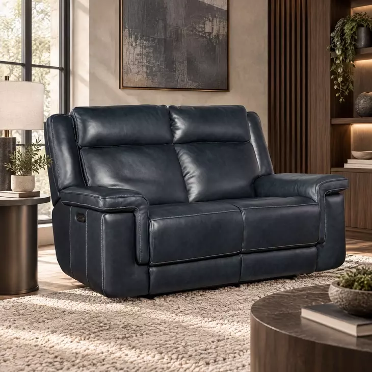 Arthur Cosmos Cobalt Leather Lay Flat Power Reclining 66" Loveseat With Power Headrest And Lumbar
