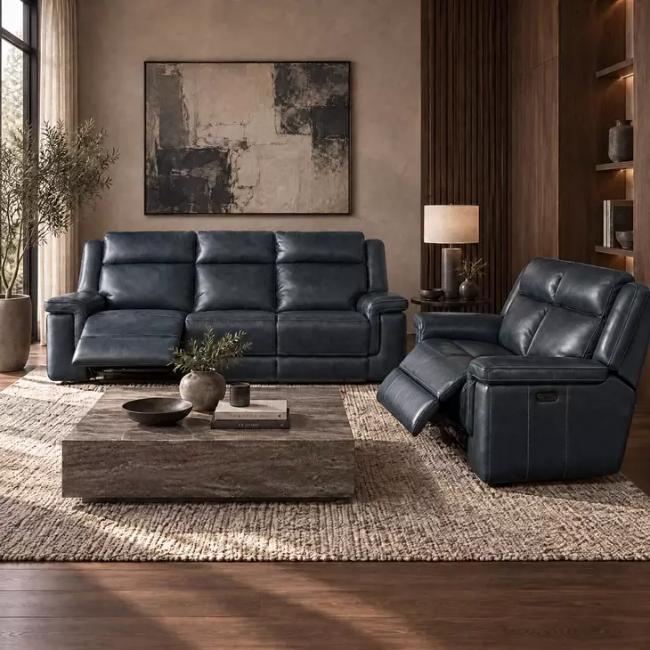 Arthur Cosmos Cobalt Leather Lay Flat Power Reclining 66" Loveseat With Power Headrest And Lumbar