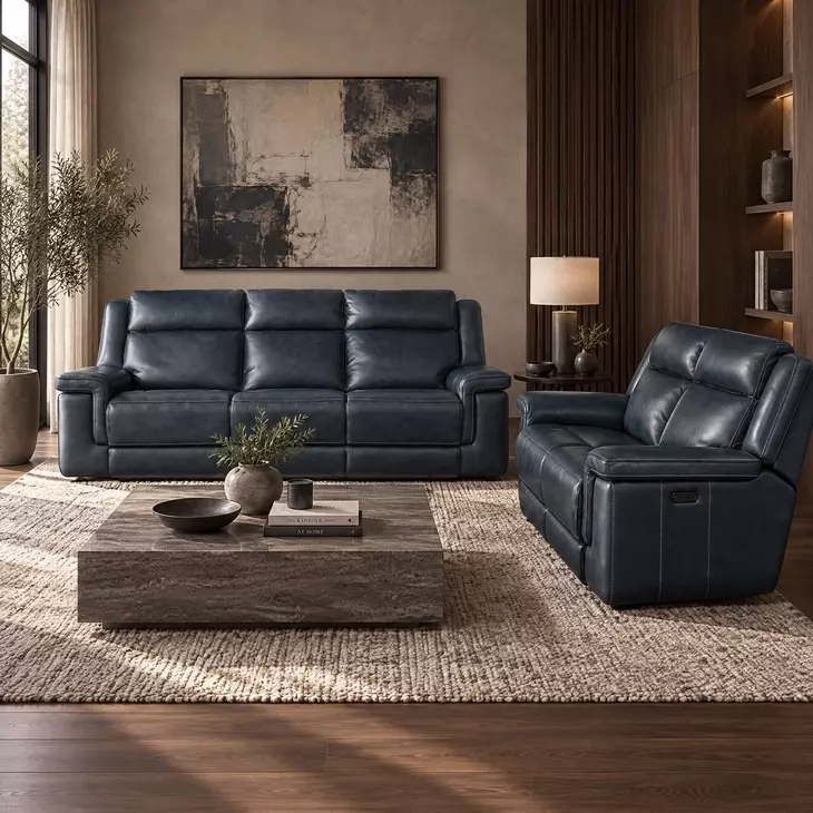 Arthur Cosmos Cobalt Leather Lay Flat Power Reclining Living Room Set With Power Headrest And Lumbar