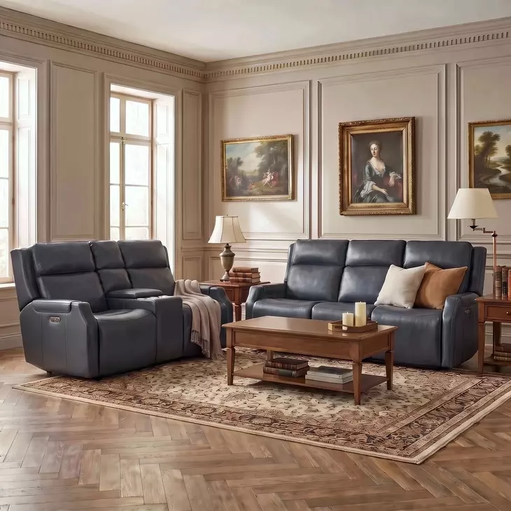 Nelson Salvo Denim Leather Zero Gravity Power Living Room Set with Power Headrest And Lumbar